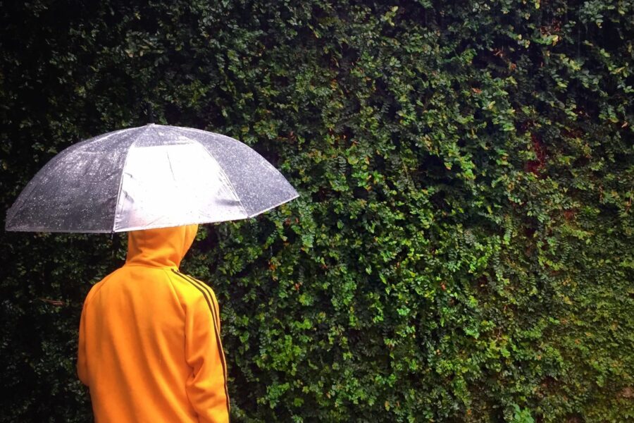 person in yellow jacket with umbrella in front of a leafy background