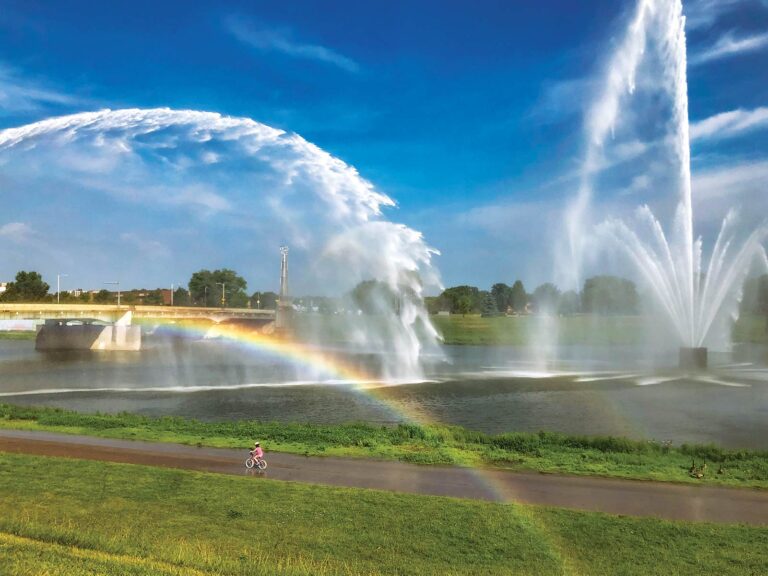 Beautiful fountains with rainbow across them