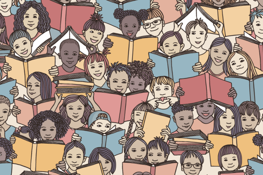 Illustration of many kids reading