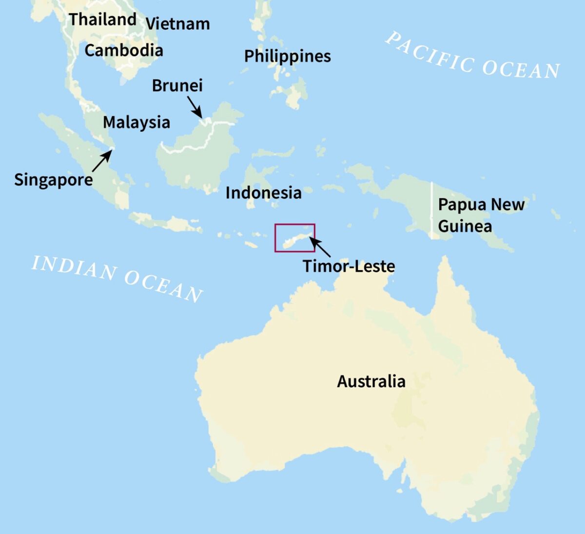A map showing Timor-Leste's place in the broader context of Oceania—between Australia and Indonesia.