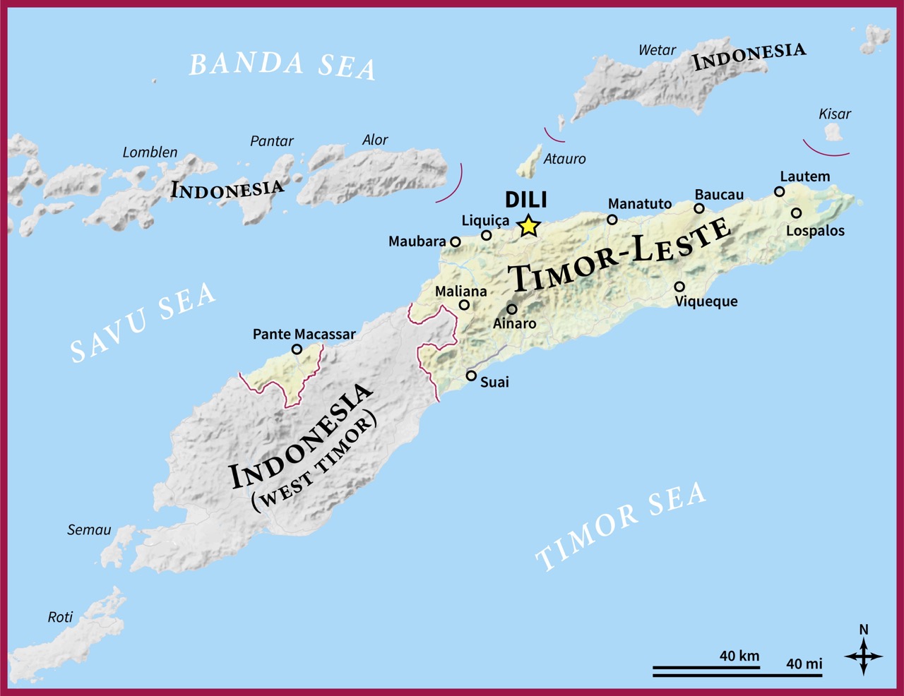 A map showing Timor-Leste's place beside the Banda Sea and Indonesia