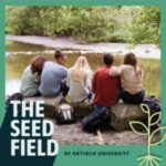 seed field podcast cover photo; five individuals sitting with their backs to the camera by a pond