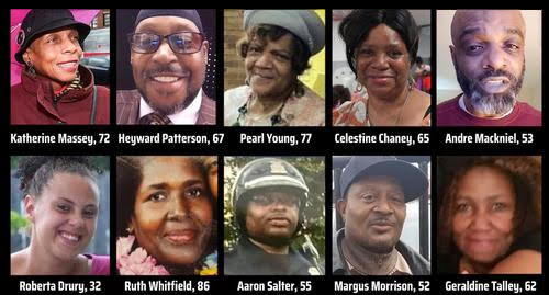 An array of ten photos showing the faces of those murdered in Buffalo, along with their names and ages at death.