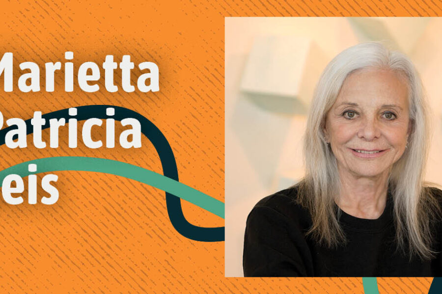 Overlayed on an orange background, headshot of subject and text reading "Marietta Patricia Leis" with two threads, one dark and one light green running behind text and image