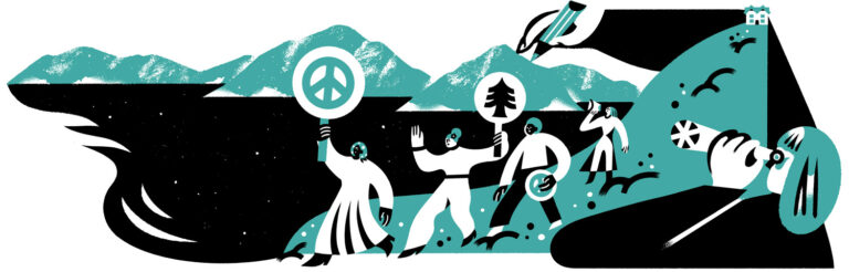 A blue, black, and white illustration of people marching for peace and the environment.