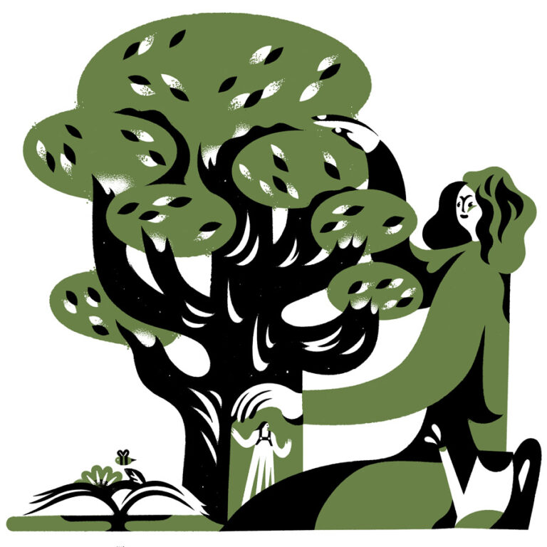 Illustration of woman nurturing growth of a tree