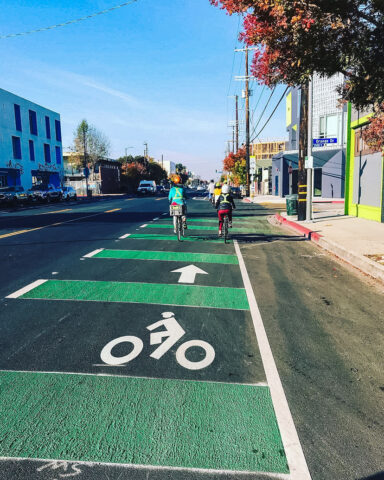 UPSCALE Yolanda Illustrations-Enhanced, Two people riding bikes in a black and green bike lane.