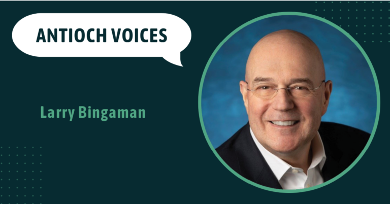 Larry Bingaman smiling on a background that says Antioch Voices and Larry Bingaman