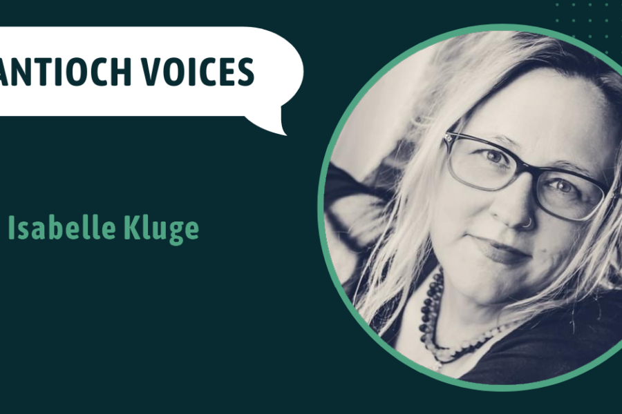 Isabelle Kluge image on green Antioch Voices header