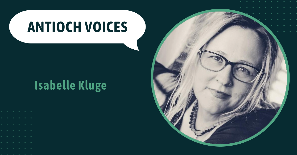Isabelle Kluge image on green Antioch Voices header