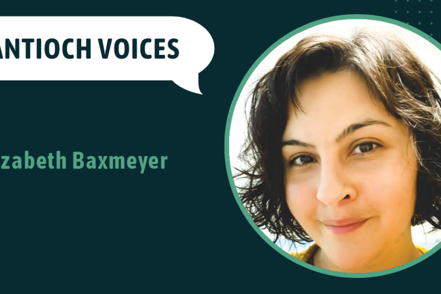 Elizabeth Baxmeyer on a green background saying Antioch Voices