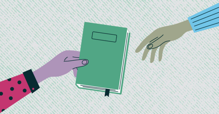 Illustration of one person handing a book to another person.