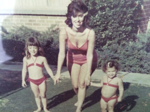 Author as a child with sister and mom all wearing bikinis. 