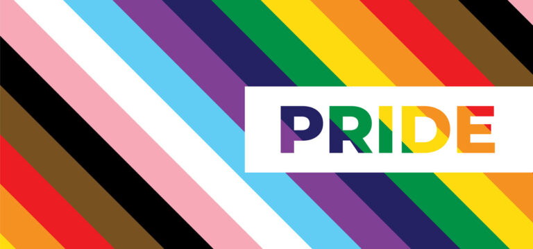 Rainbow background with the word, Pride