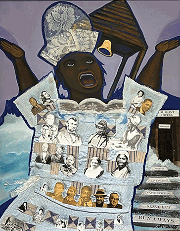 A photo of a piece of art created by Deborah McDuff Williams which featured faces of African Americans on a dress worn by an African America woman with her hands raised.