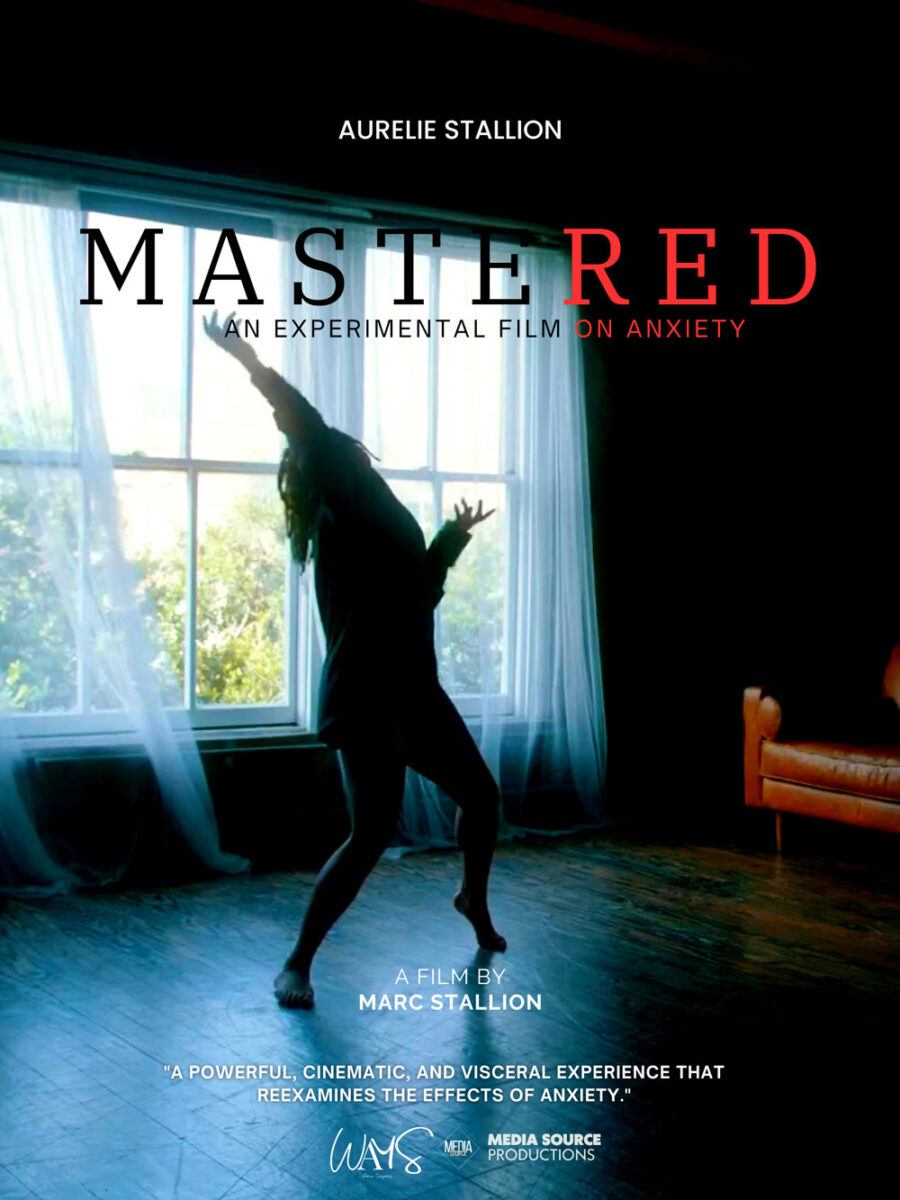 film poster for Mastered, An Experimental Film on Anxiety. Window with light shining through and woman dancing in front of the window. 