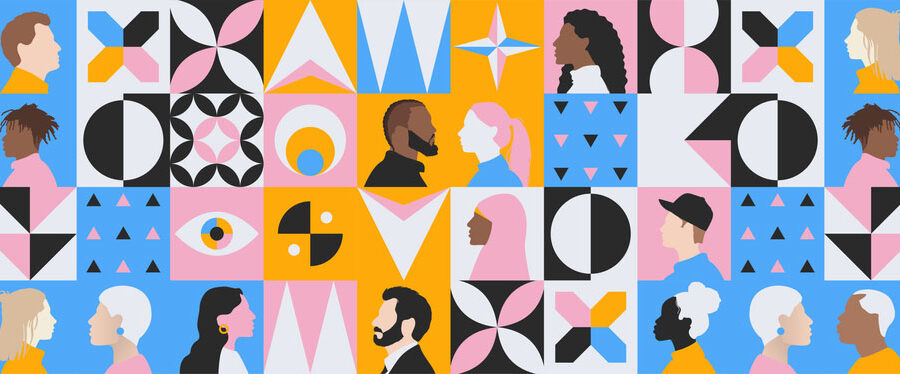Creative modern background of diversity inclusion communication in multicultural community group. illustration of abstract people from different cultures and age - stock illustration