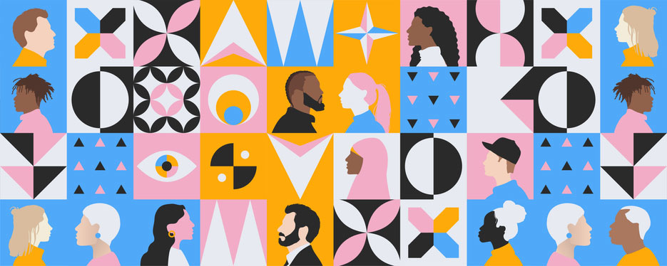 Creative modern background of diversity inclusion communication in multicultural community group. illustration of abstract people from different cultures and age - stock illustration