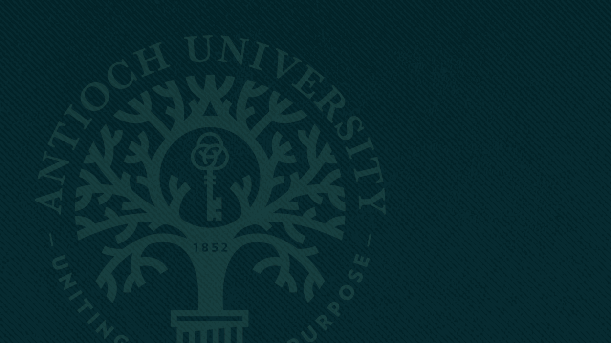 Antioch University, dark green background with light green name and tree.