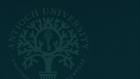 Antioch University, dark green background with light green name and tree.
