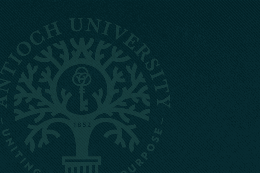 Antioch University, dark green background with light green name and tree.