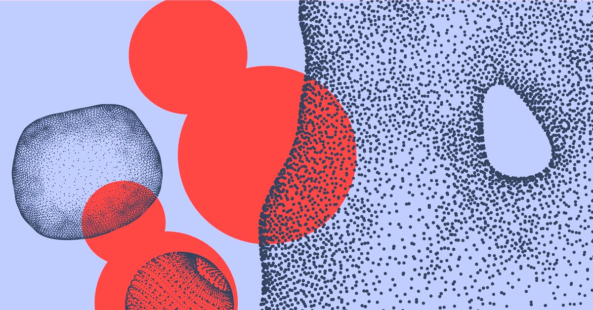 An abstract cell represented as an object of dots in lavendar and red