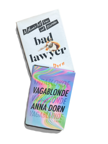 A photograph of the exterior of Anna Dorn's books Bad Lawyer and Vagablonde.
