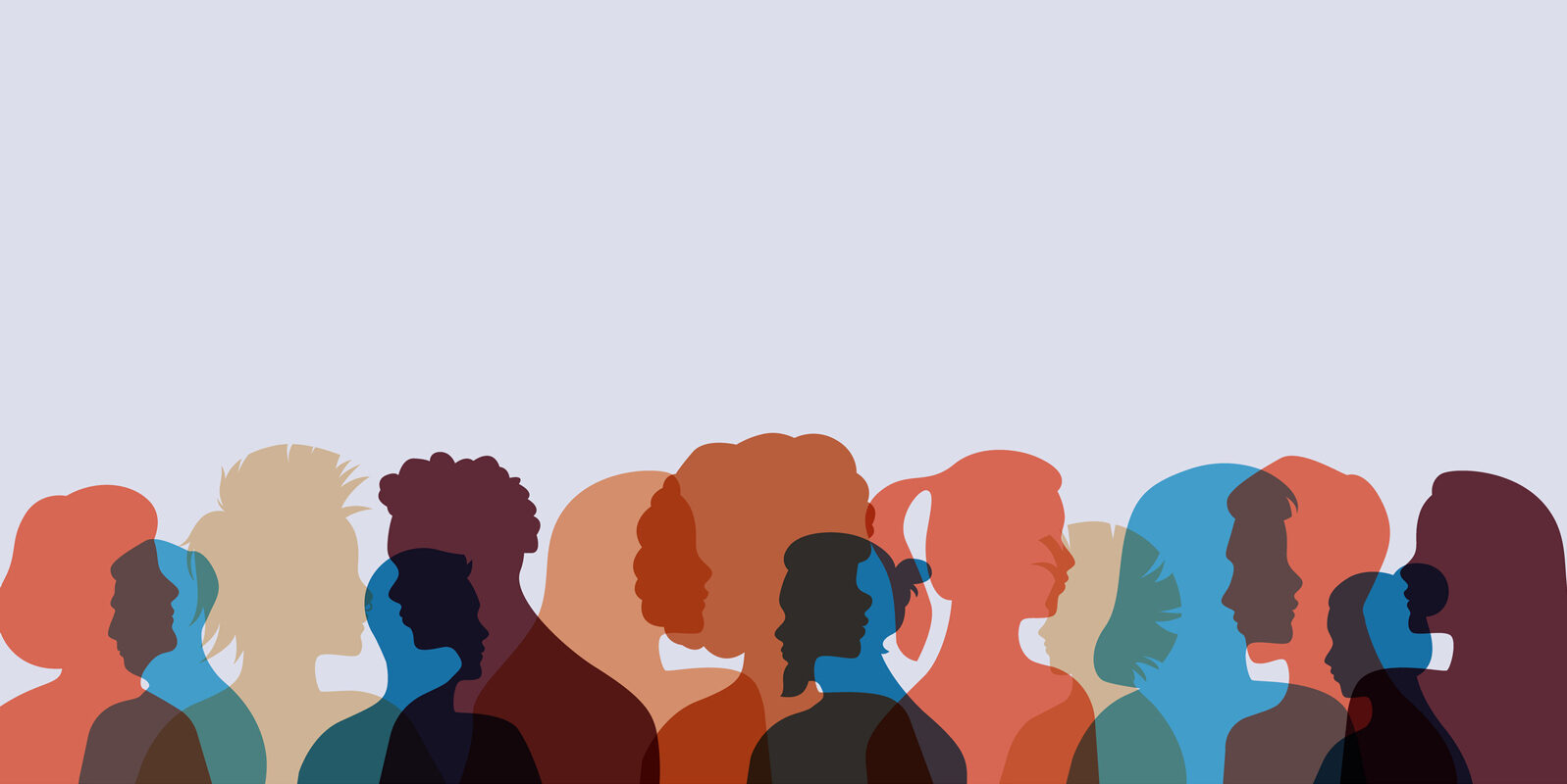 A silhouette of a diverse group of individuals standing against a backdrop.