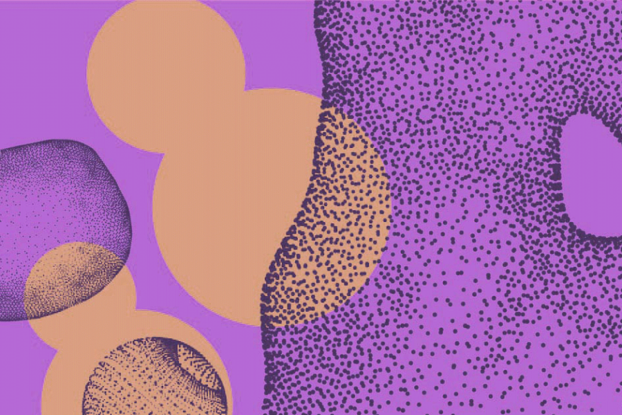 An abstract cell represented as an object of dots in orange and purple.