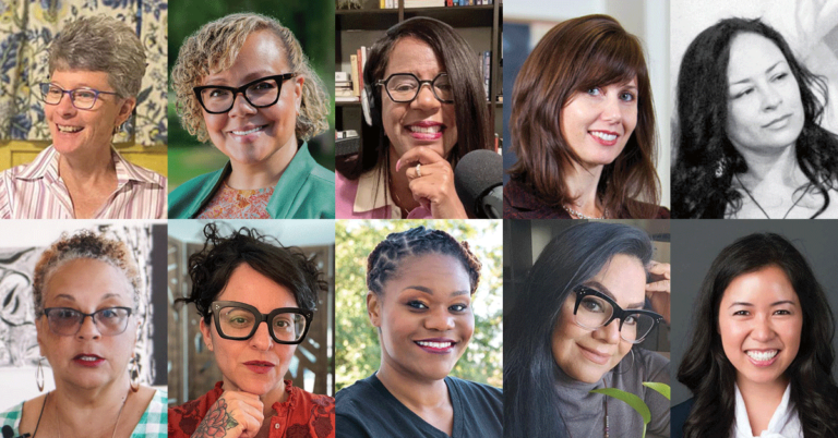A diverse group of women smiling and wearing glasses in a cheerful collage.