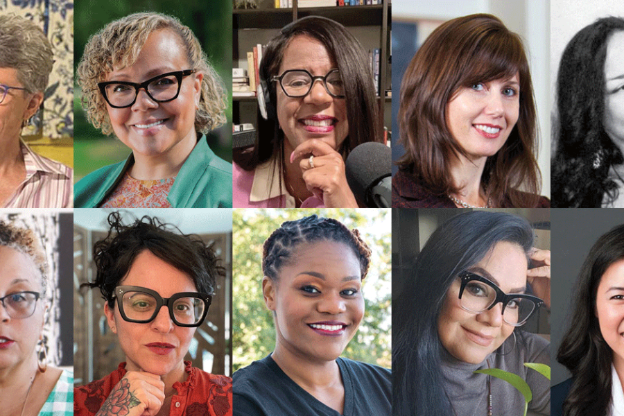 A diverse group of women smiling and wearing glasses in a cheerful collage.