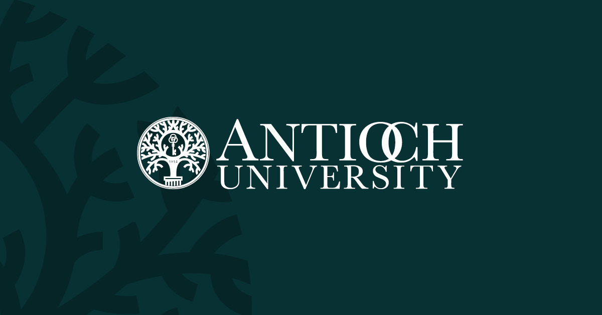Antioch University log with seal on green background over ghosted tree