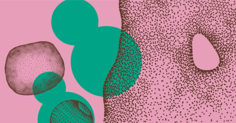 An abstract cell represented as an object of dots in pink and green.