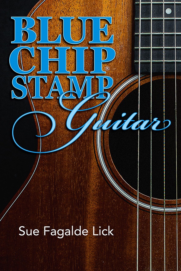 Blue Chip Stamp Guitar Book Jacket with the text written in blue over a guitar.