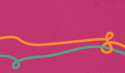 Bright pink background with orange and green threads running across the bottom half