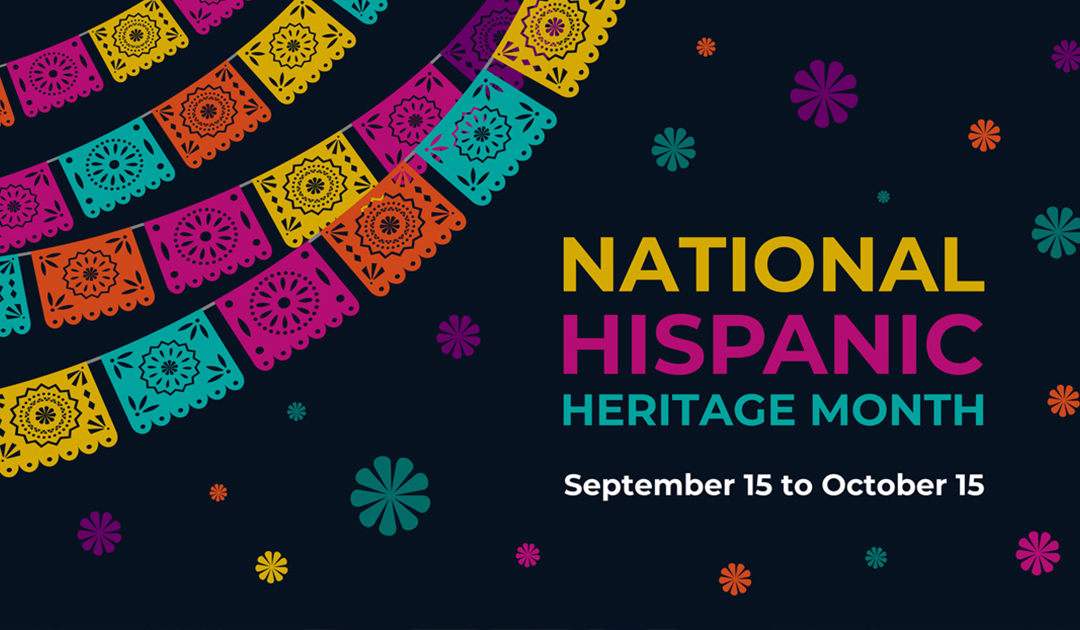 "National Hispanic Heritage Month" with prayer flags, textured starbursts, on a black background.