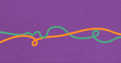 Decorative purple background with orange and green threads running across the page.