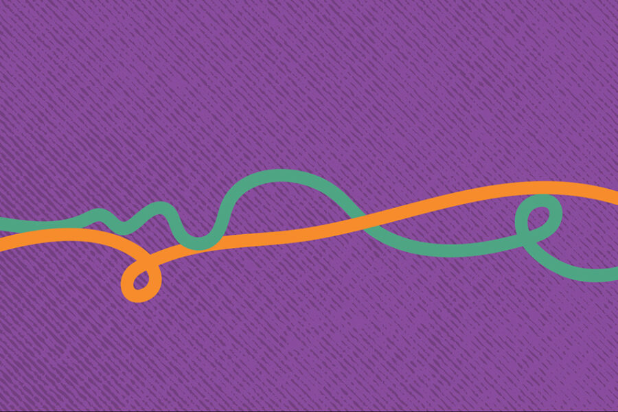Decorative purple background with orange and green threads running across the page.