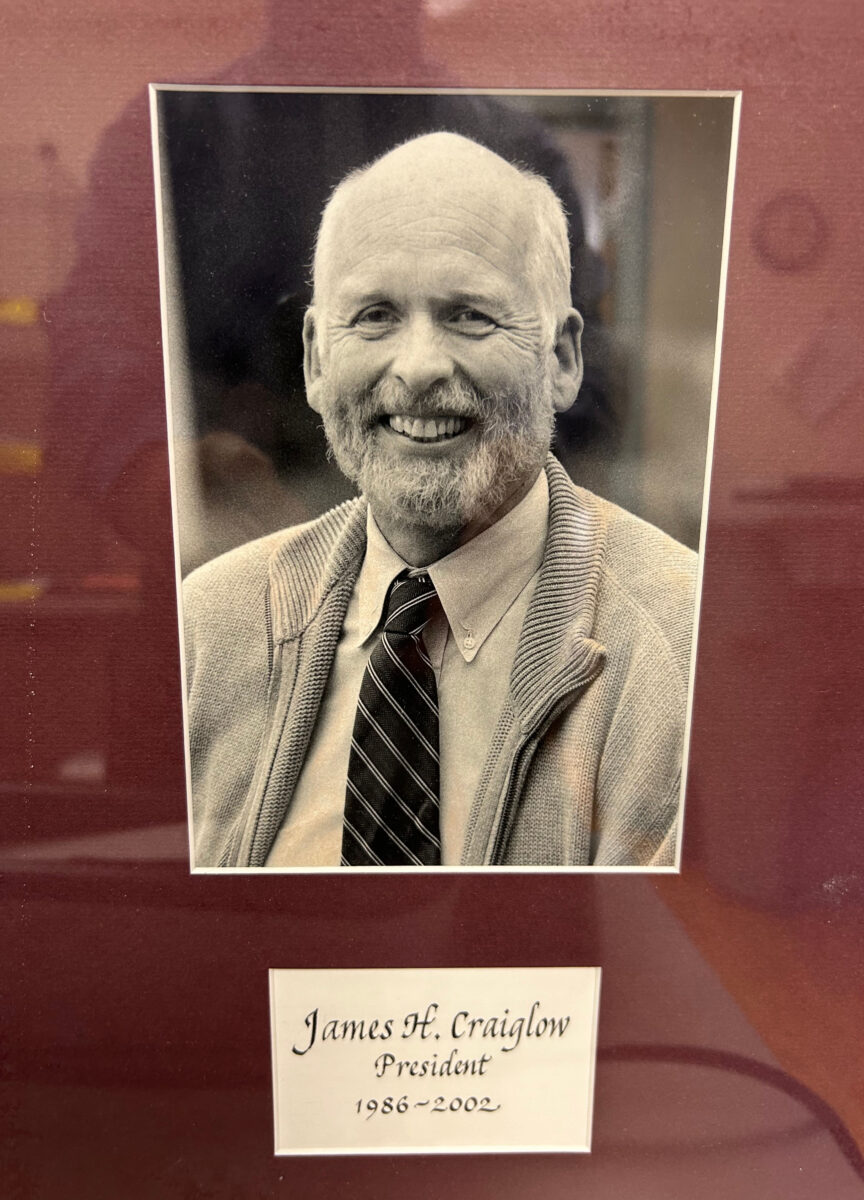 A sepia colored plaque with a photo of Jim Craiglow smiling. The name plate reads: James H. Craiglow President 1986 to 2002. 