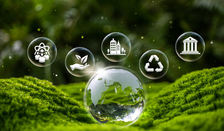 Lush green grass featuring eco-friendly icons and water elements, symbolizing sustainability and environmental awareness.