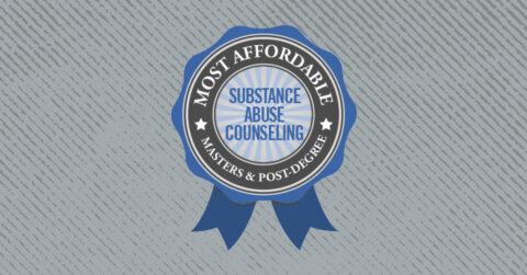 A header showing a blue ribbon that reads "Most Affordable Substance Abuse Counseling, Masters and Post-Degree"