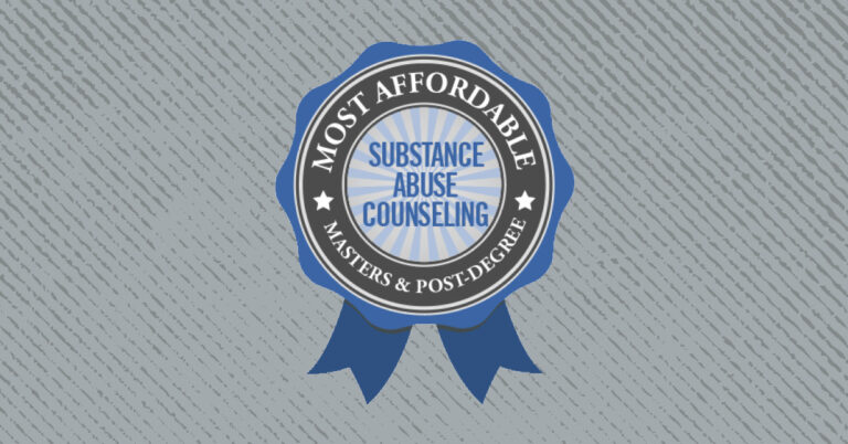 A header showing a blue ribbon that reads "Most Affordable Substance Abuse Counseling, Masters and Post-Degree"