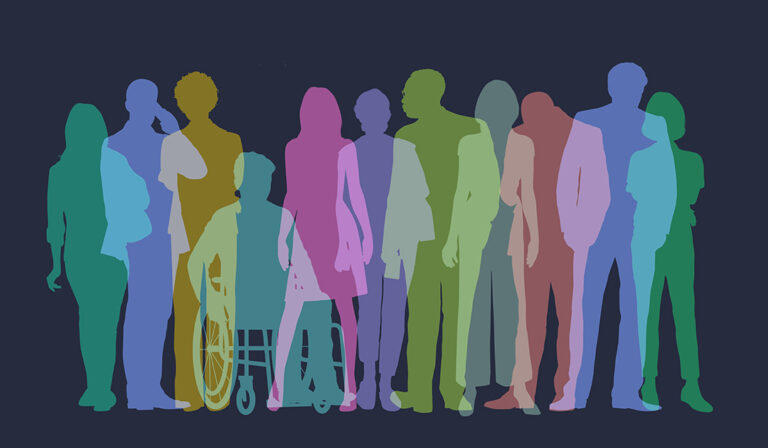 A diverse group of people represented by colorful silhouettes, showcasing various shapes and sizes against a neutral background.