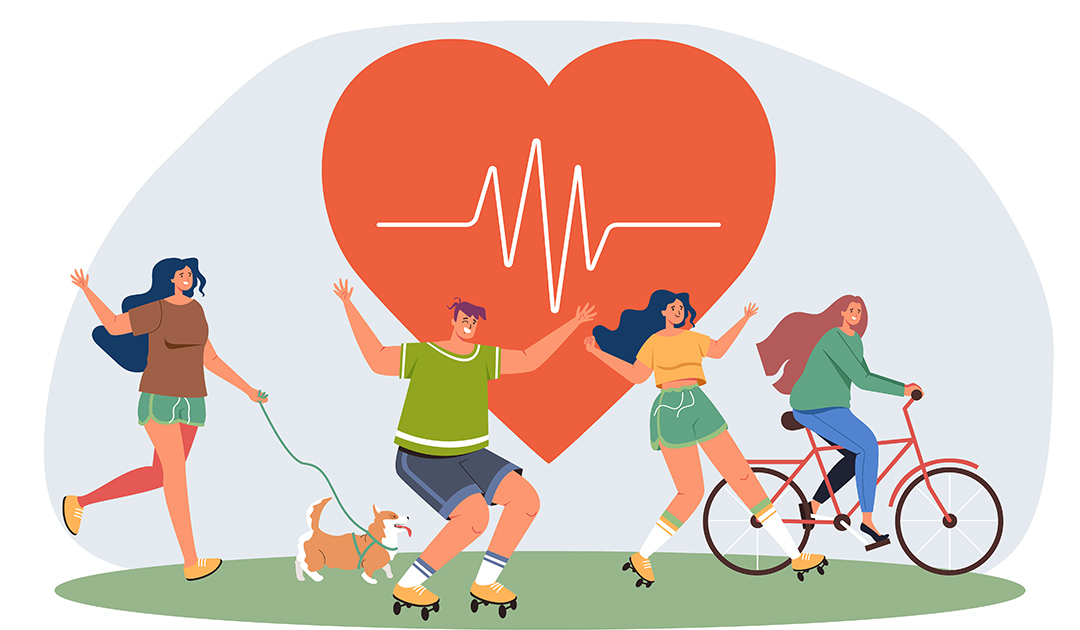 Illustration of a heart with people exercising, walking with dog, riding bike, running.