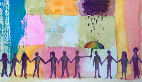 A painting depicting several people holding hands while standing together under a large umbrella.