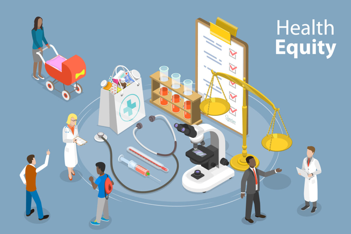 Isometric illustration of diverse individuals surrounding a health equity checklist, symbolizing collaboration for health equity.