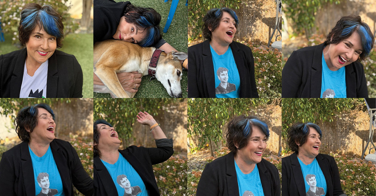 Collette Freedman in various frames- 1. A woman with blue hair smiles while holding a dog on a leash in a sunny park setting.