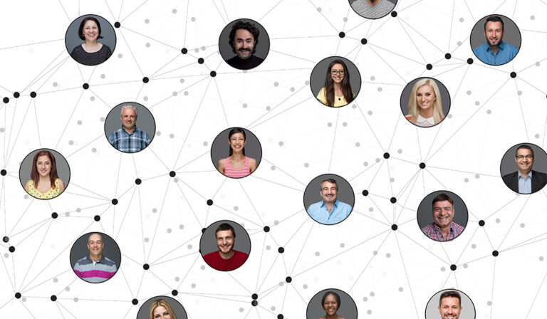Several individuals are linked together, representing collaboration and community.