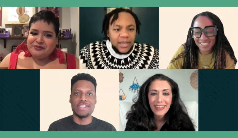Several people participating in a video call, appearing focused and engaged in conversation with one another.