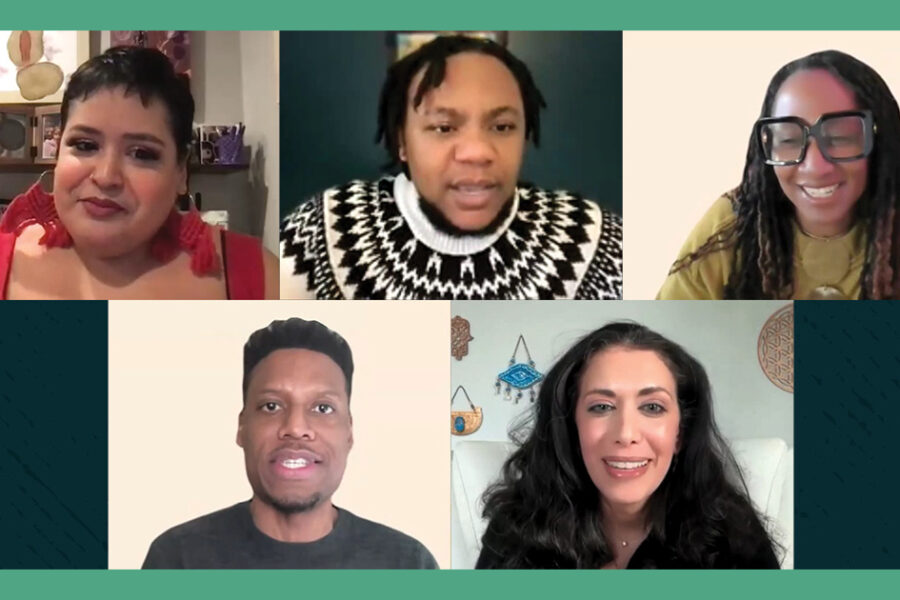 Several people participating in a video call, appearing focused and engaged in conversation with one another.